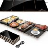 FEPPO modular electric buffet warming tray featuring a 33x15 inch black tempered glass surface with elegant gold trim.