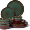 Full 12 piece stoneware dinnerware set by Pokini featuring four dinner plates, salad plates, and cereal bowls.