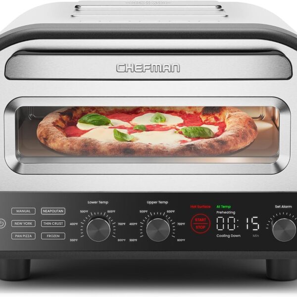 CHEFMAN Indoor Pizza Oven - Makes 12 Inch Pizzas in Minutes, Heats up to 800°F - Countertop Electric Pizza Maker with 5 Touchscreen Presets, Pizza Stone and Peel Included - Stainless Steel