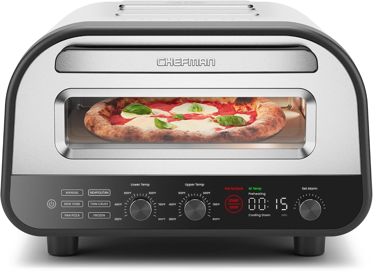 Chefman indoor electric pizza oven sitting on a kitchen countertop showing the sleek stainless steel design.