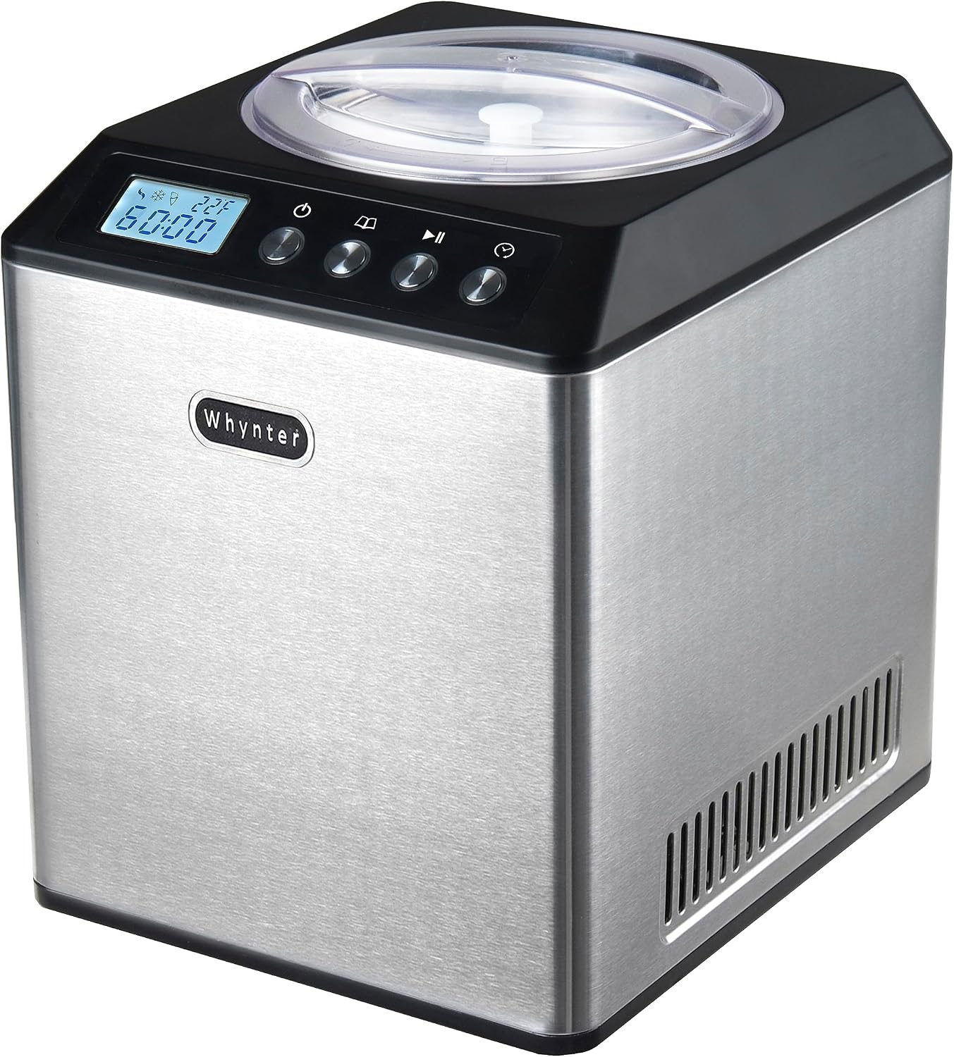 Whynter ICM-201SB compressor ice cream maker with sleek stainless steel exterior on a kitchen counter.
