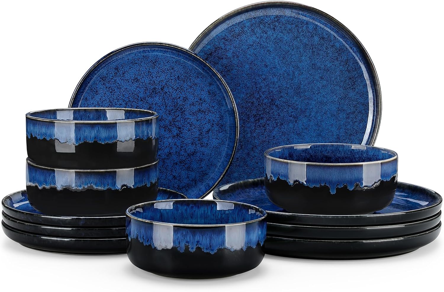 Full 12-piece vancasso Starry reactive glaze dinnerware set for four placed on a modern dining table.