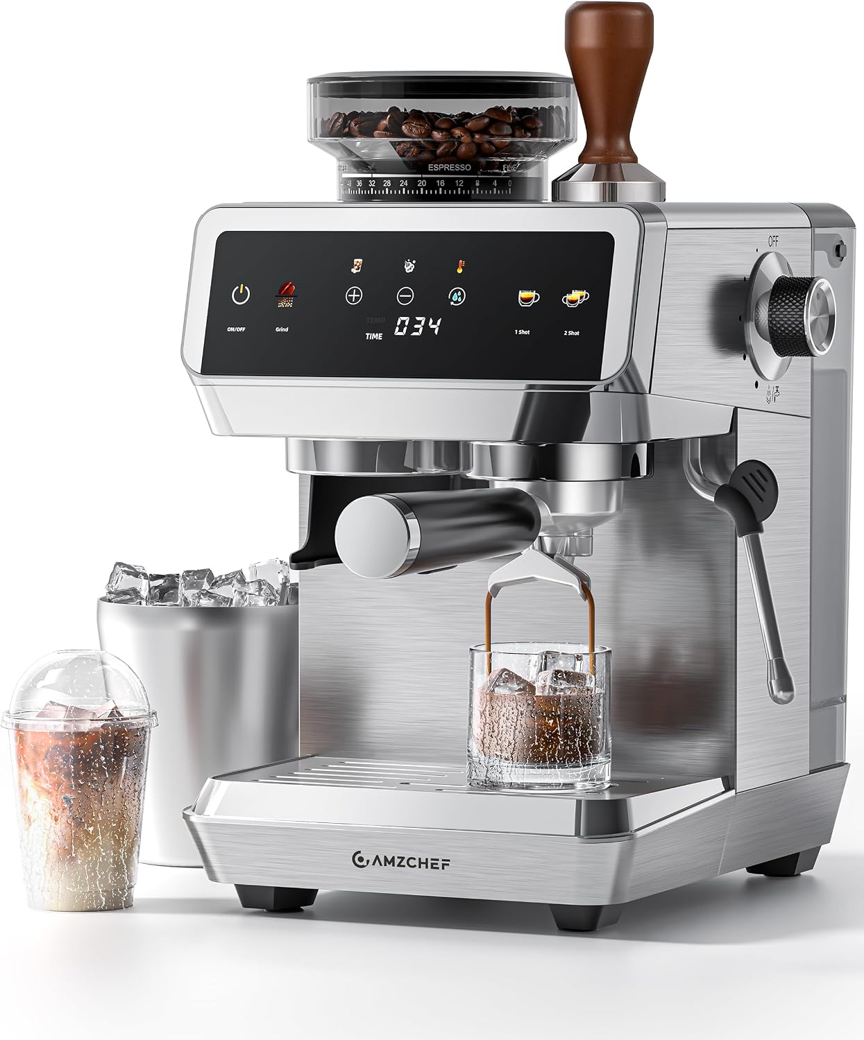 Front view of the AMZCHEF espresso machine with grinder featuring a sleek digital IMD touch screen display.