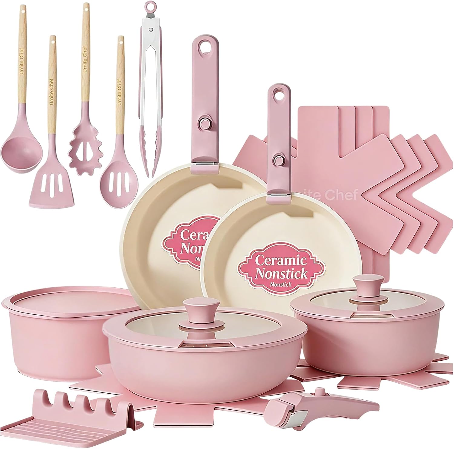 Umite Chef 21-piece pink ceramic nonstick cookware set with removable handles for compact storage.