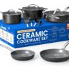 Bakken 12-piece non-toxic ceramic cookware set featuring black pots and pans with tempered glass lids.