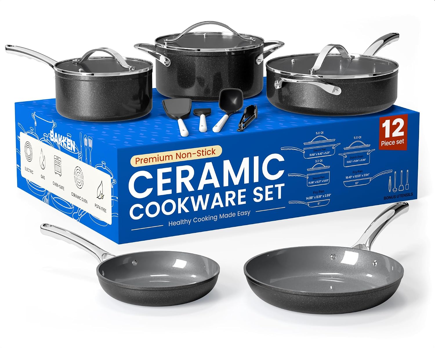 Bakken 12-piece non-toxic ceramic cookware set featuring black pots and pans with tempered glass lids.