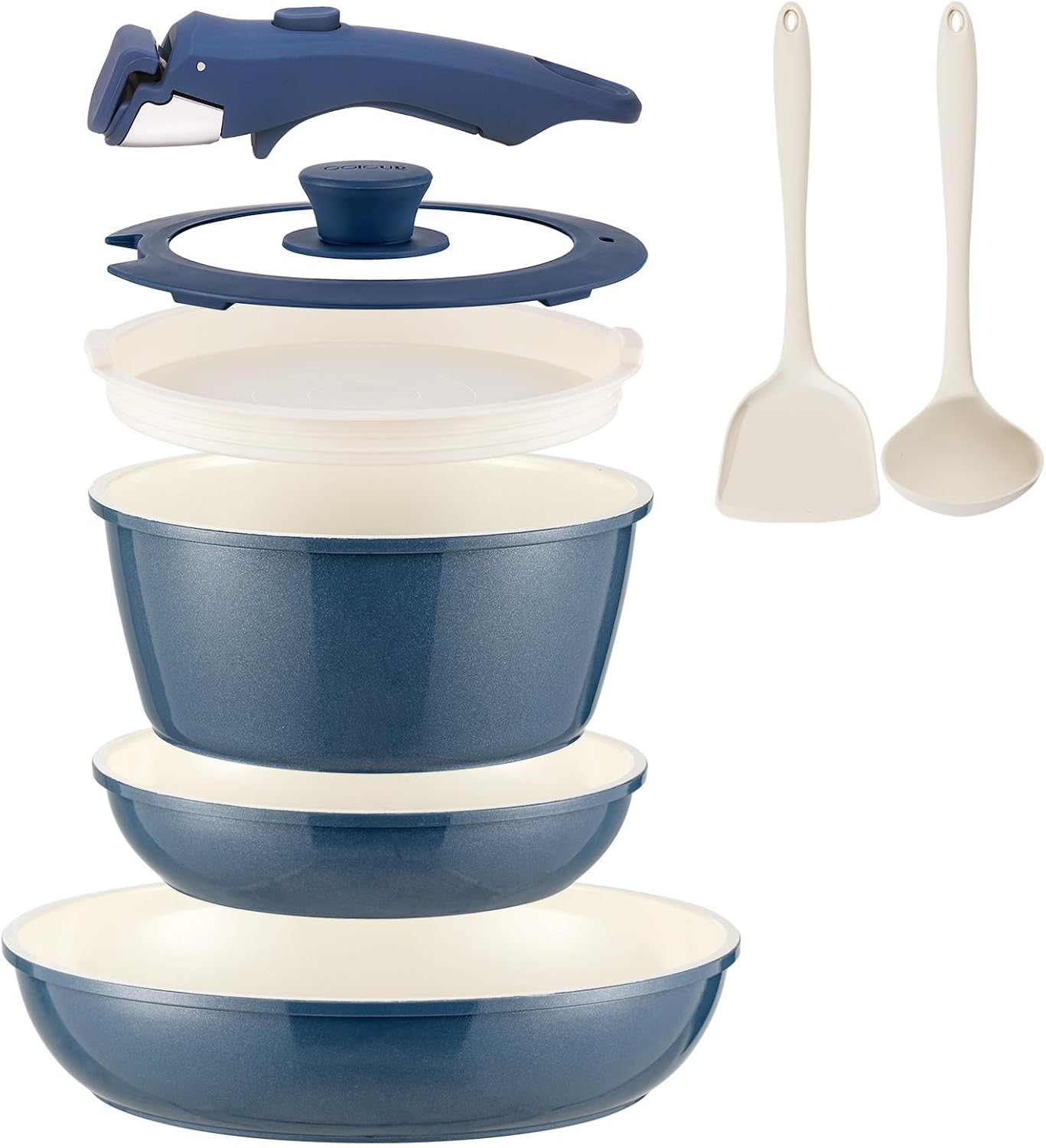 Coicur 8-piece blue ceramic nonstick removable handle cookware set for compact kitchens.
