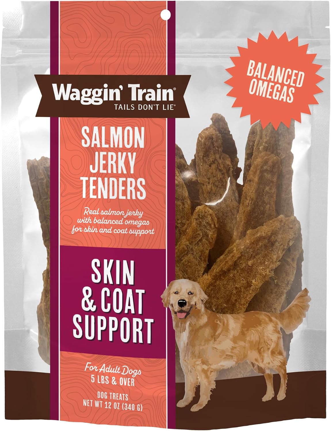 Waggin' Train 12 oz pouch of salmon jerky dog treats featuring high-protein ingredients.