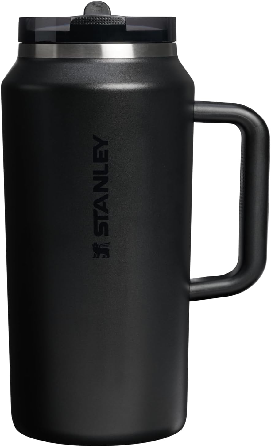 A sleek 64 oz Stanley tumbler in black with a modern Flipstraw lid design.