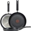 T-Fal 3-piece nonstick fry pan set featuring 8, 10.25, and 12-inch sizes for versatile kitchen cooking.