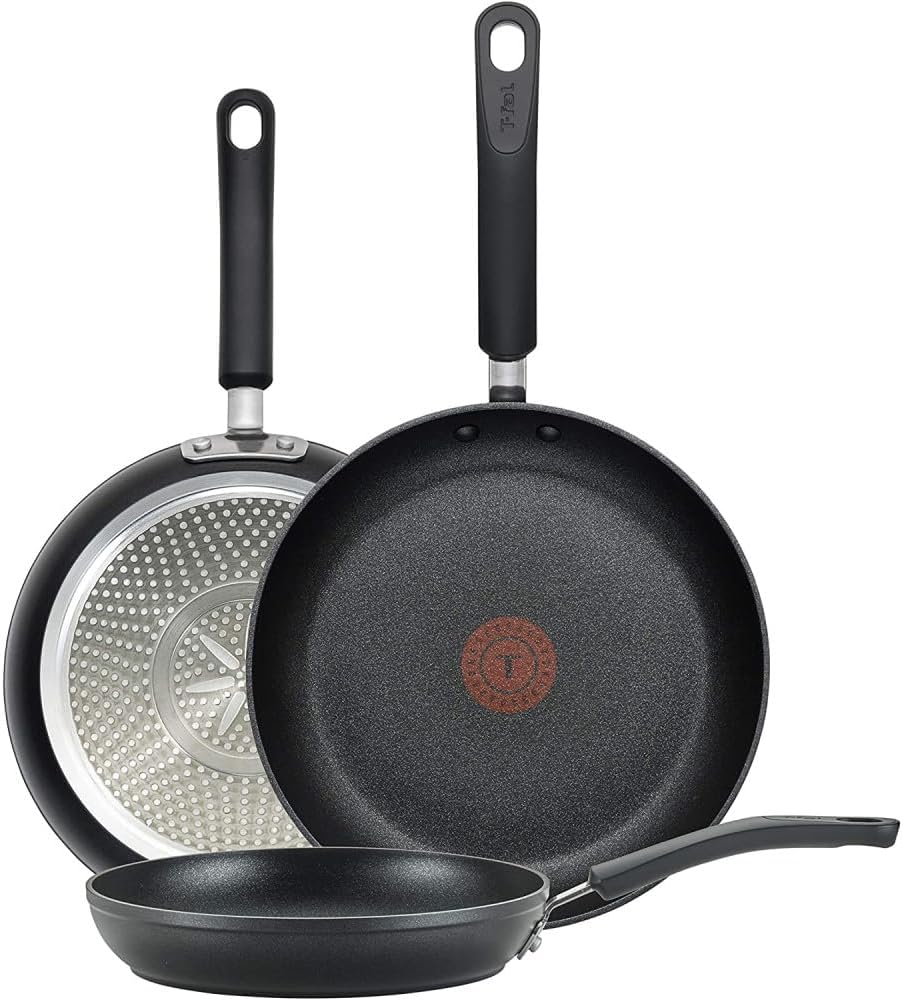 T-Fal 3-piece nonstick fry pan set featuring 8, 10.25, and 12-inch sizes for versatile kitchen cooking.