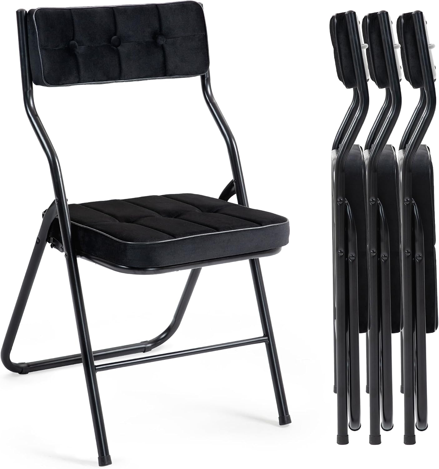 Four HOMEFUN black padded folding dining chairs arranged together in a modern interior setting.