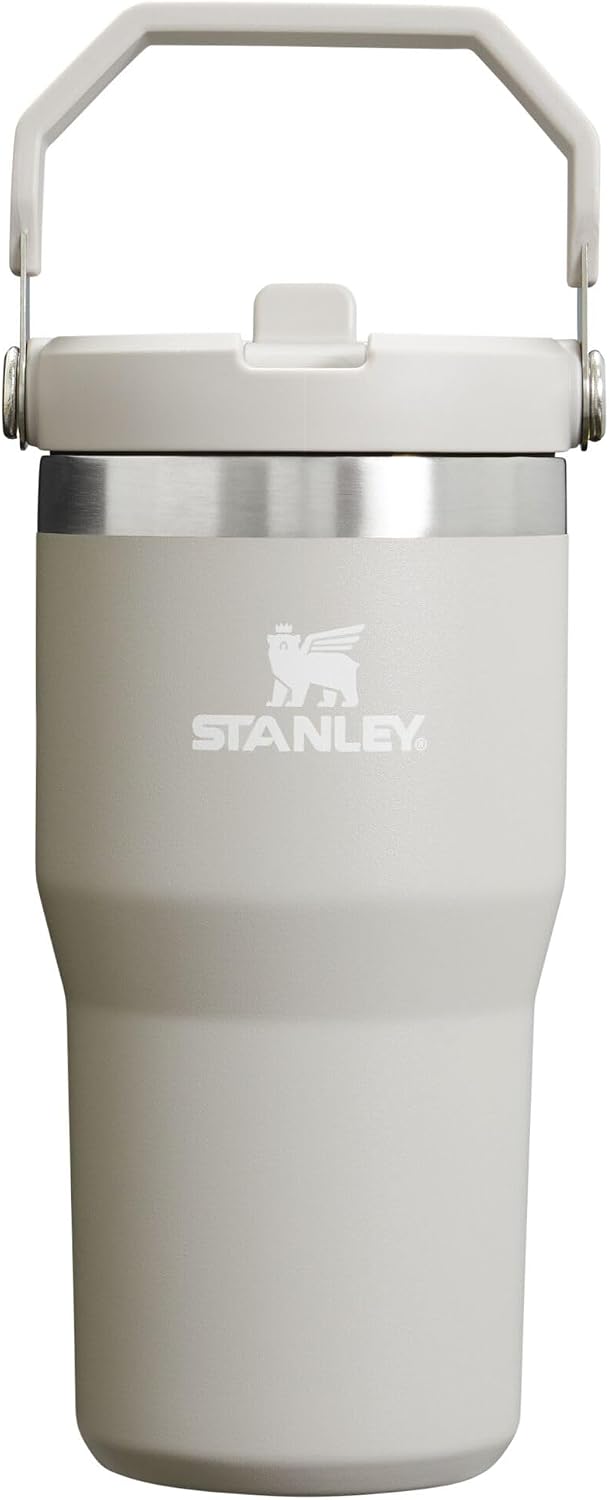 Stanley IceFlow tumbler with straw in Ash color, 20 oz capacity featuring a rotating carry handle.
