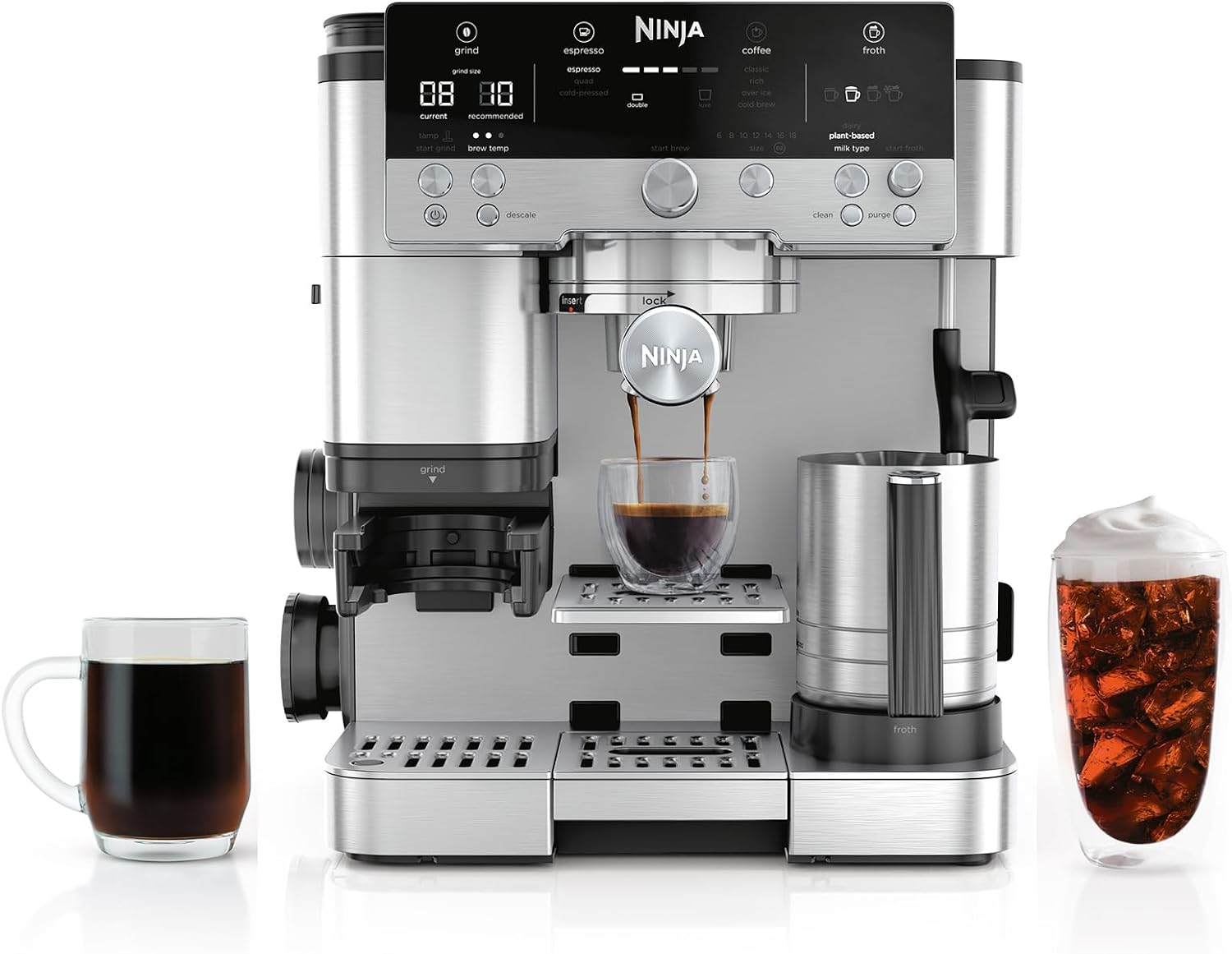 Front view of the Ninja Luxe Café Premier, a smart 3-in-1 espresso machine for home kitchens.
