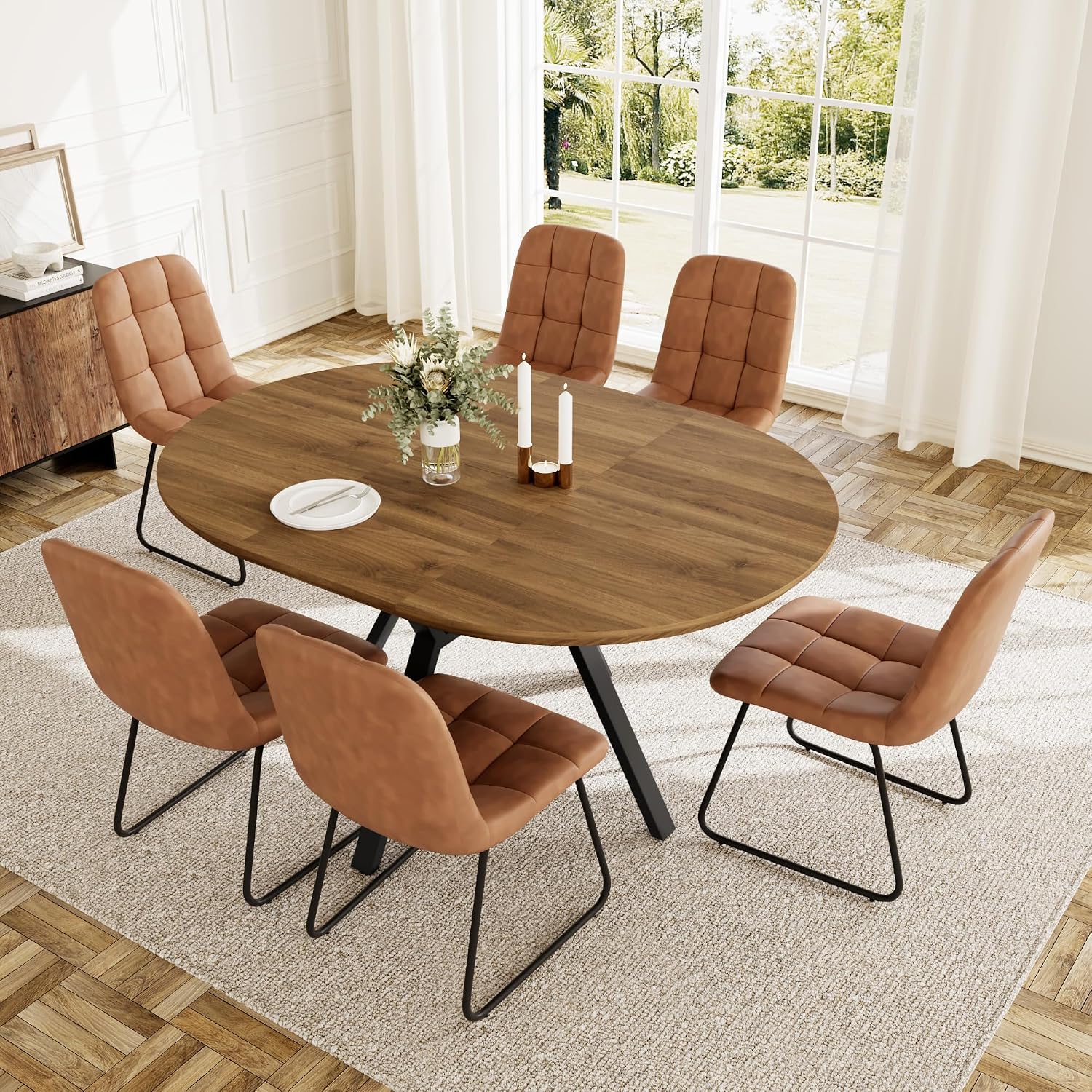 HIPIHOM extendable round dining set featuring a walnut finish table and six brown U-shaped chairs