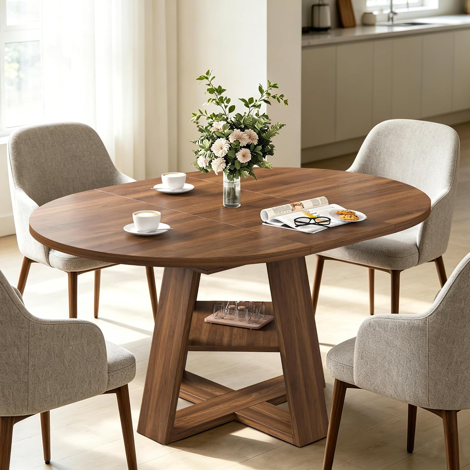 Mxtxmy extendable round dining table shown in its compact 43.3-inch circular configuration for small dining areas.