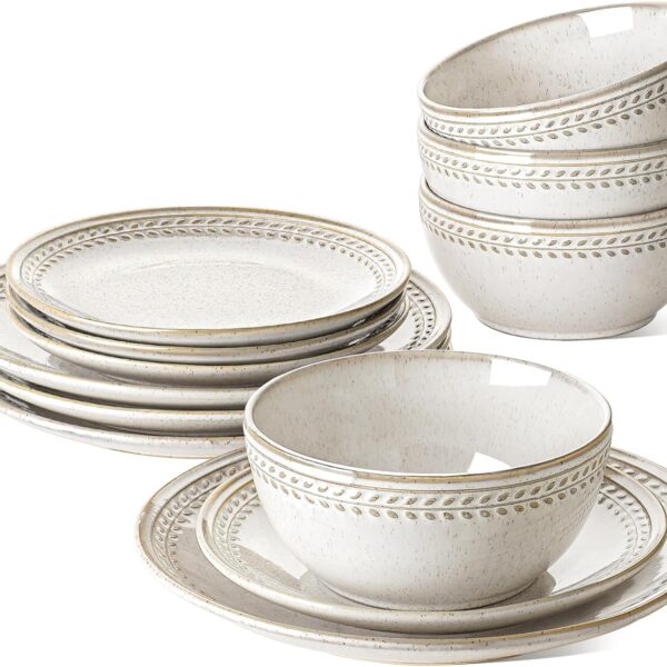 LE TAUCI 12-Piece Ceramic Dinnerware Set: Rustic Wheat Relief