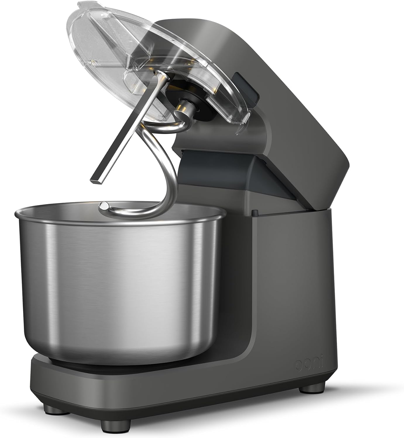 Ooni Halo Pro charcoal grey spiral dough mixer showing the 7.3 quart stainless steel bowl and sleek modern design.