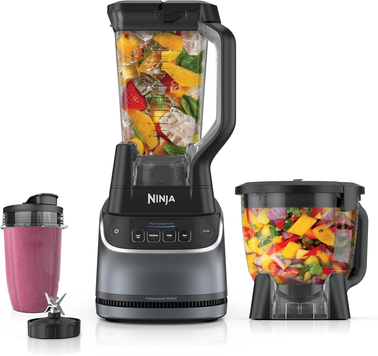 Ninja UltraCrush Pro kitchen system with 1500W motor base, pitcher, and processor bowl on a kitchen counter.