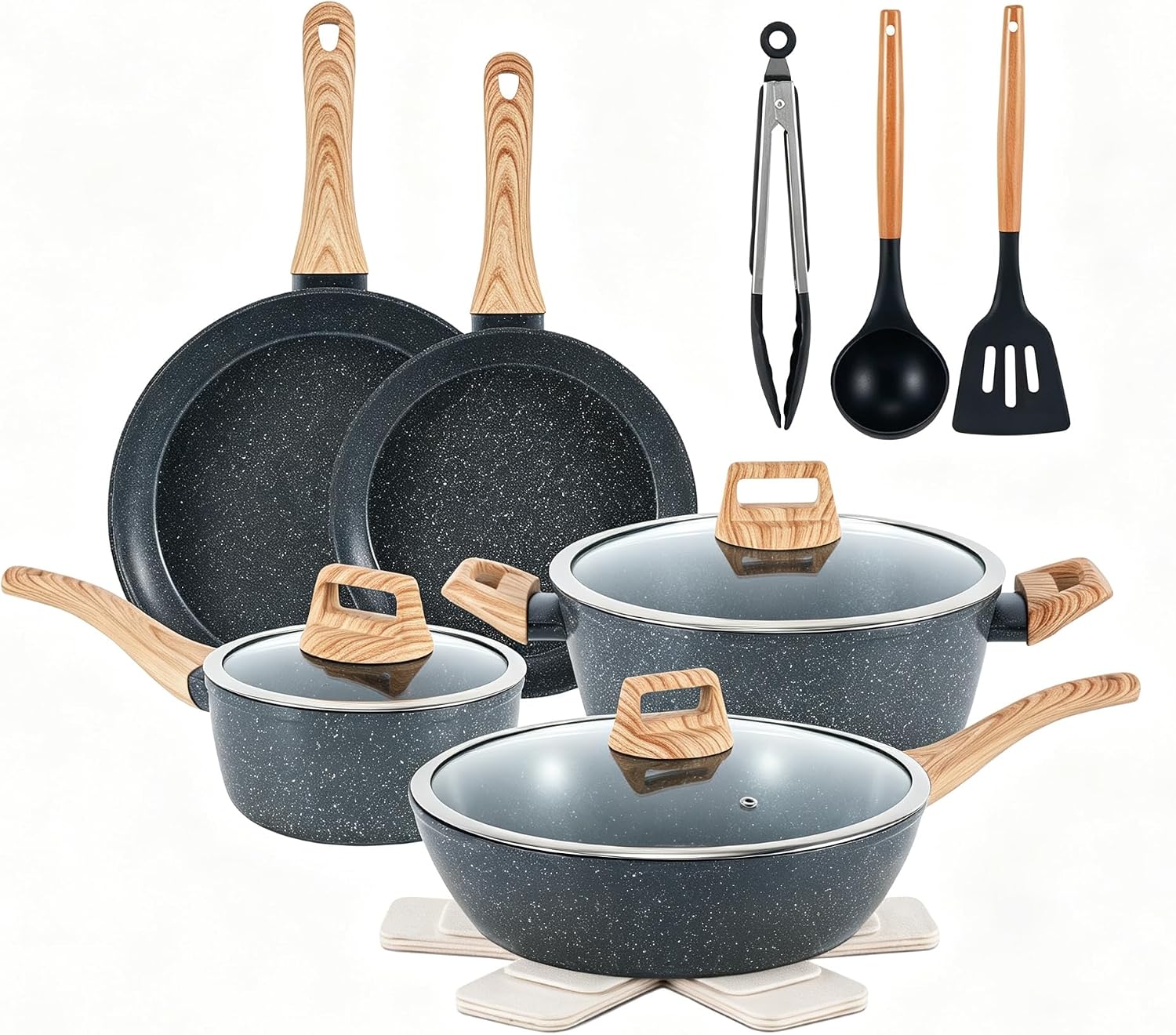Anymark 15-piece non-stick ceramic cookware set in sleek black finish on a kitchen countertop.