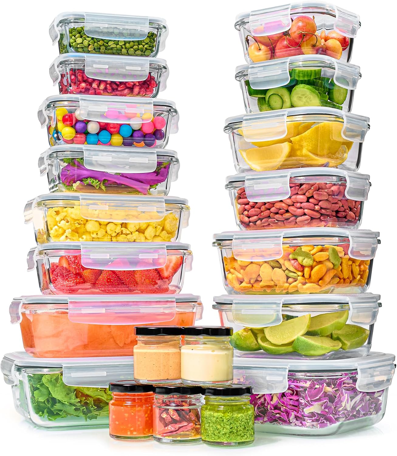 Le'raze 40pc glass food storage containers set with various rectangular and square sizes on a kitchen counter.