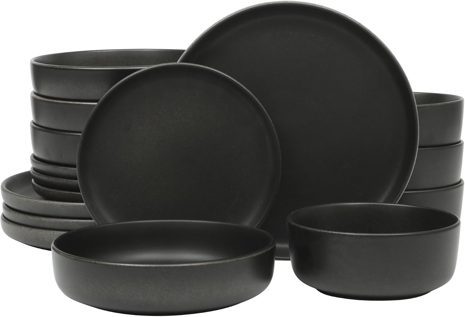 Full 16-piece Gibson Elite Pasco reactive glaze stoneware dinnerware set in black