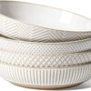 Set of 4 LE TAUCI 9-inch large pasta bowls in Arctic White featuring an elegant embossed rim design.