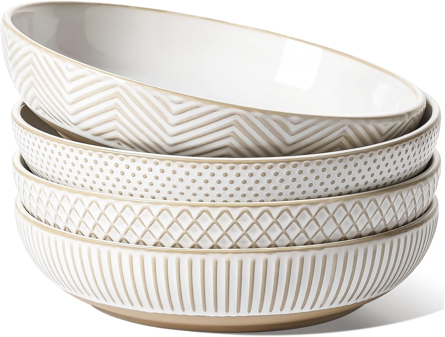 Set of 4 LE TAUCI 9-inch large pasta bowls in Arctic White featuring an elegant embossed rim design.