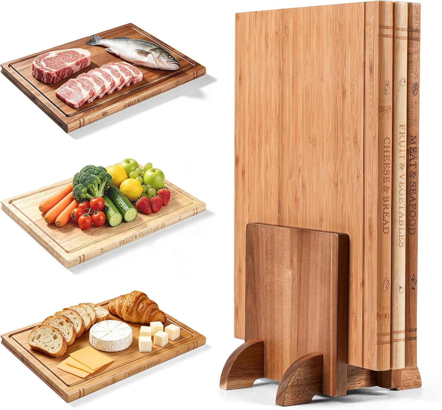 WILLKOMMEN book shaped cutting board set of 3 stored upright in a sturdy kitchen stand