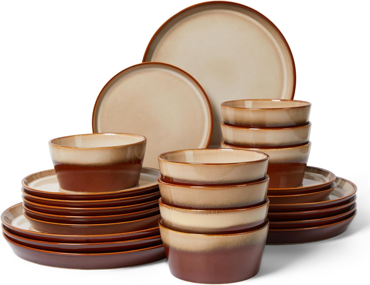 Pokini 24-piece ceramic dinnerware set featuring unique hand-glazed patterns for a rustic table aesthetic.