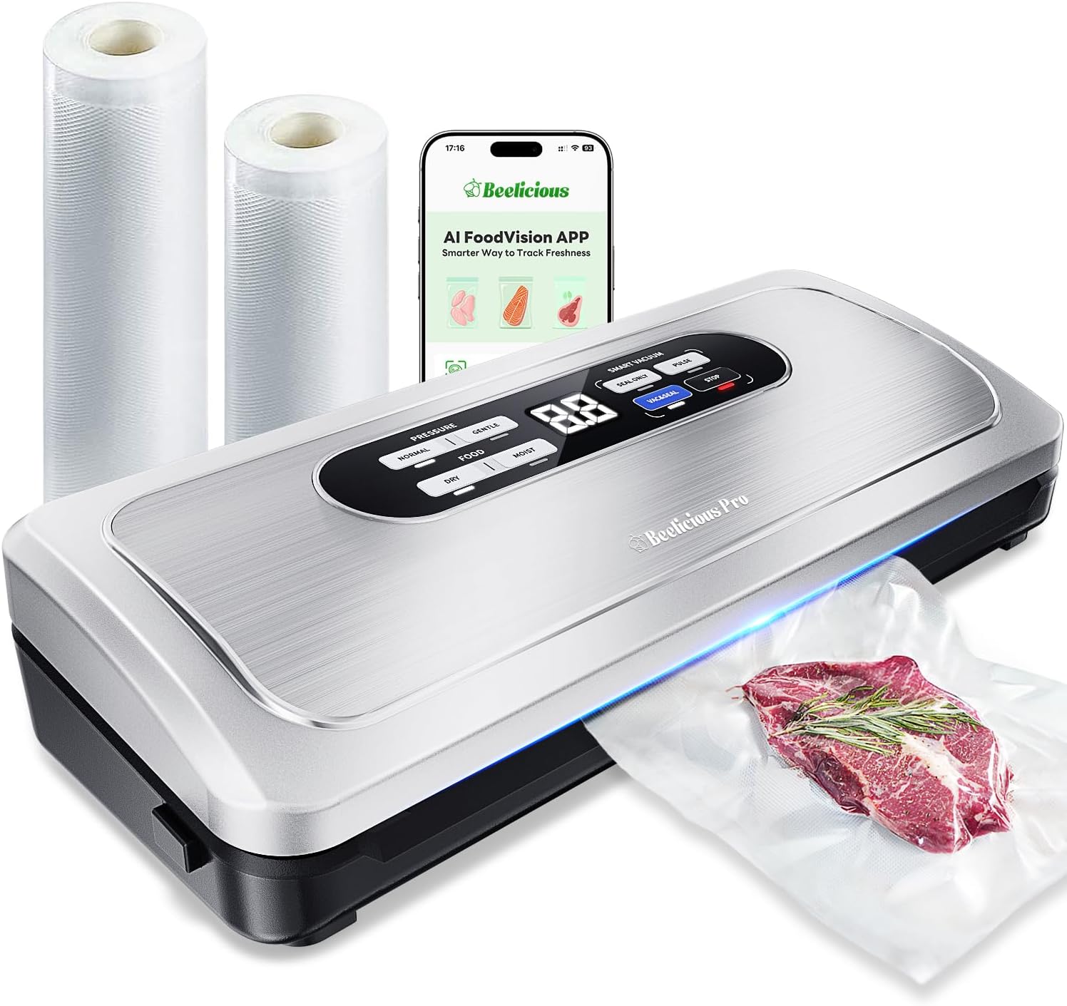 Beelicious Pro stainless steel vacuum sealer showing its compact, modern countertop design.