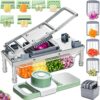 IPOVIPO stainless steel vegetable chopper with durable container and 10 interchangeable blades.
