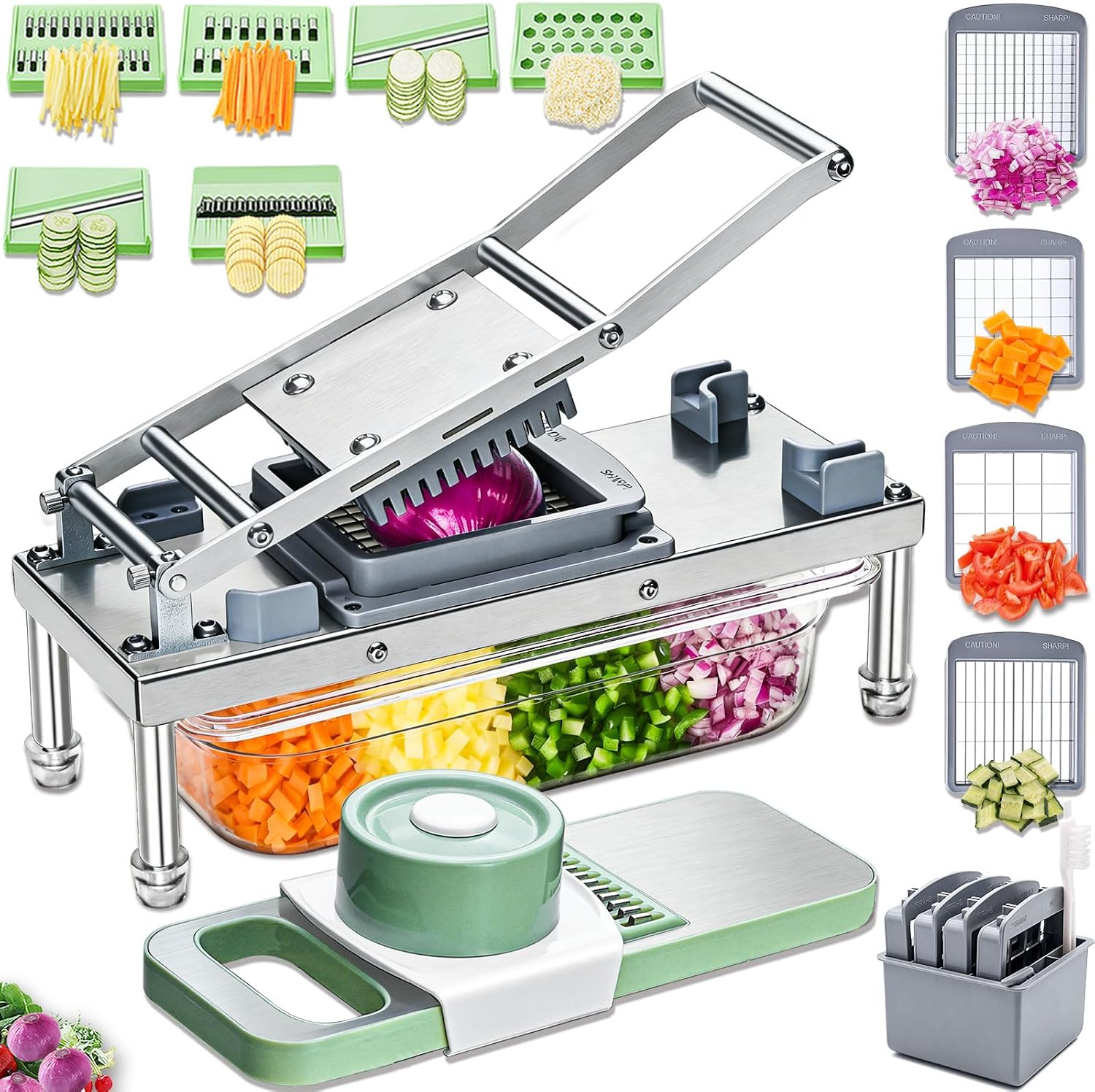 IPOVIPO stainless steel vegetable chopper with durable container and 10 interchangeable blades.