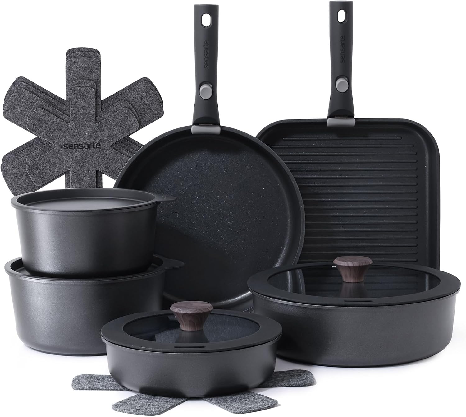SENSARTE 17-piece detachable handle cookware set neatly stacked for optimal kitchen cabinet organization.
