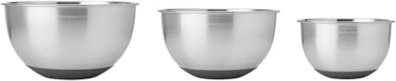KitchenAid stainless steel mixing bowls in a set of three featuring 1.5, 3, and 5-quart capacities.