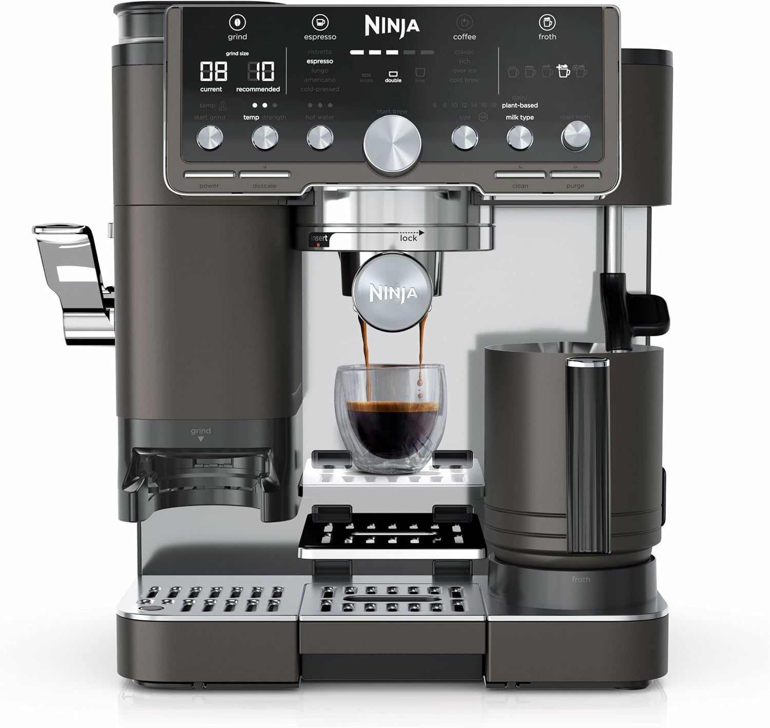 Ninja Luxe Cafe Pro Series espresso and coffee system shown from the front on a kitchen countertop.
