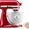 KitchenAid ice cream maker attachment 2 quart bowl shown in a modern home kitchen setting.