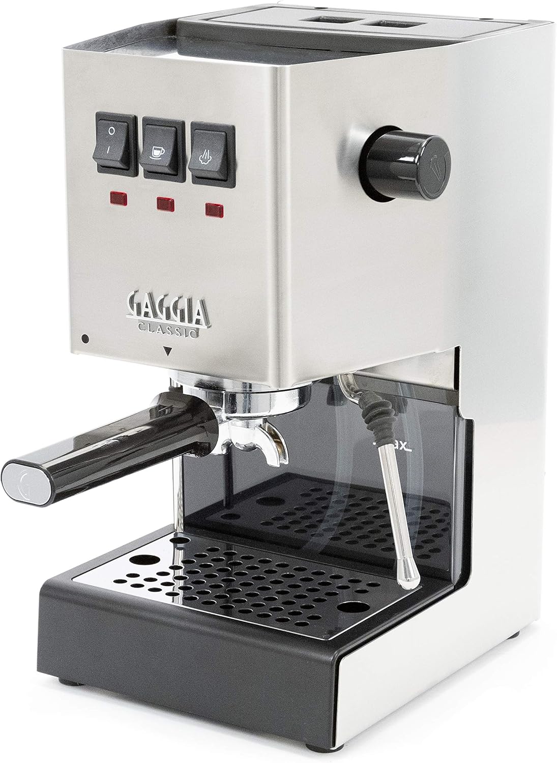 Front view of the Gaggia Classic Evo Pro espresso machine with a durable brushed stainless steel housing.