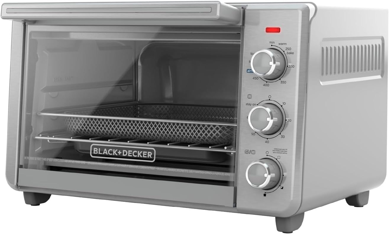 Front view of the sleek BLACK+DECKER 6-slice air fry toaster oven on a modern kitchen countertop.