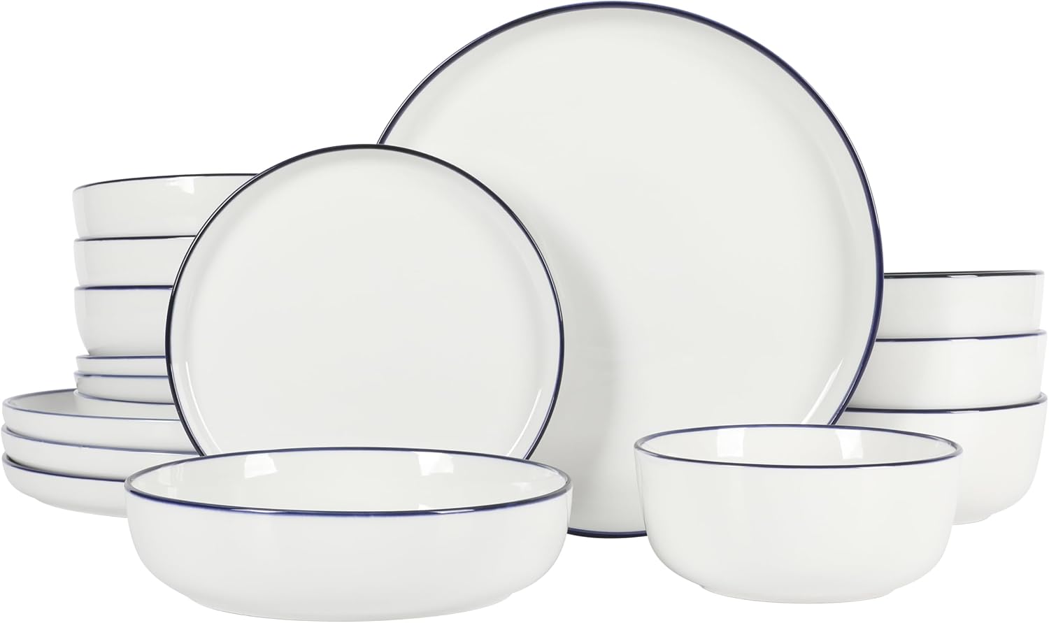 Full 16-piece Gibson Home Oslo porcelain dinnerware set featuring white plates and bowls with navy blue rims