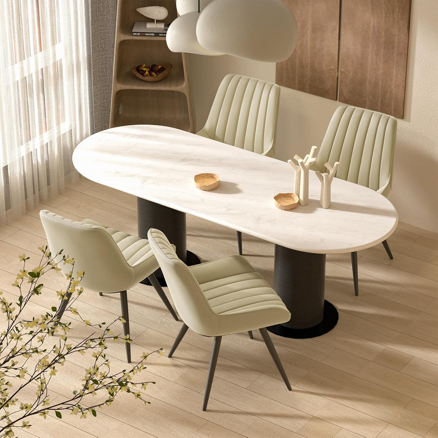 Set of four Nalupatio upholstered dining chairs in khaki featuring a sleek modern aesthetic for home dining rooms.
