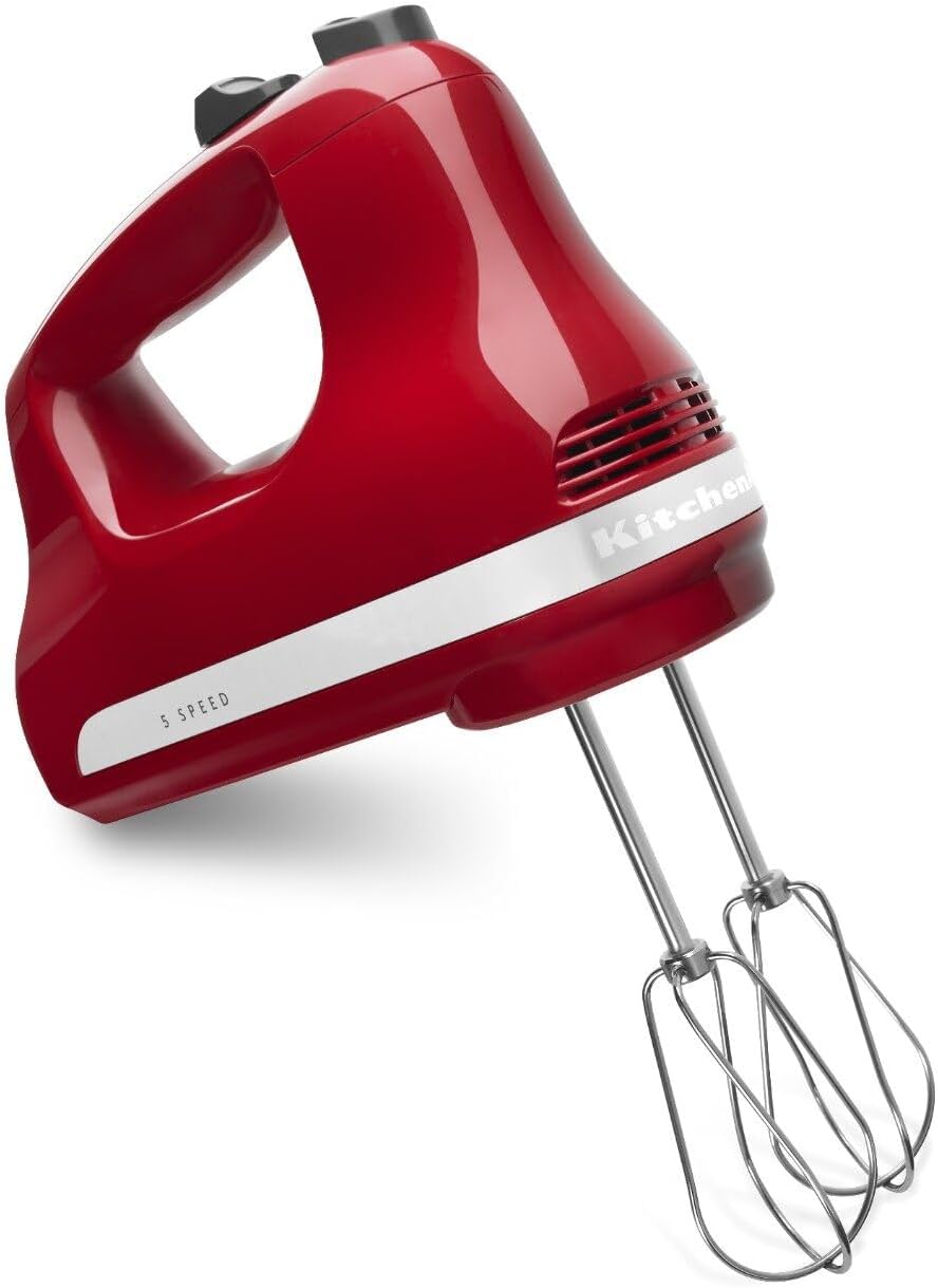 KitchenAid 5 speed hand mixer in Empire Red featuring a compact and lightweight design for everyday kitchen tasks.
