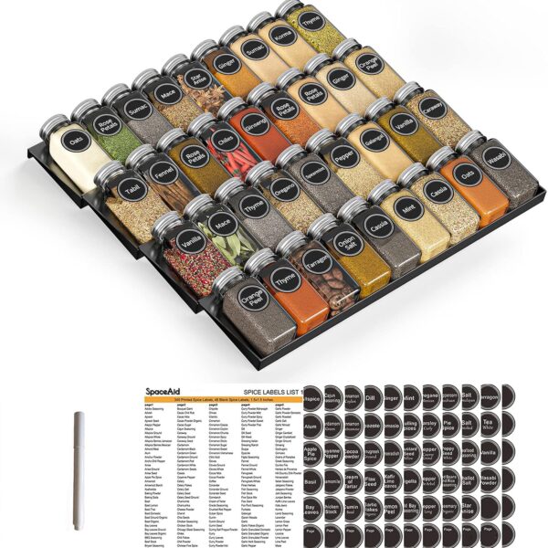 SpaceAid Spice Drawer Organizer with Jars & 386 Labels