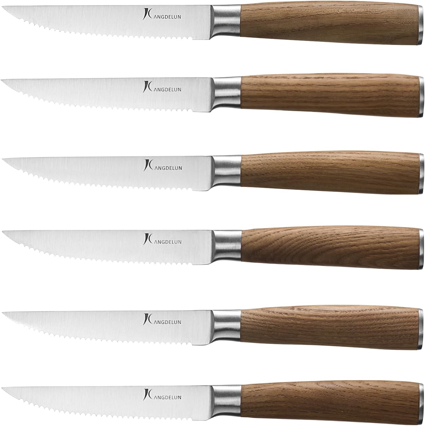 Kangdelun 6-piece serrated steak knife set featuring torrefied brown ash wood handles in a magnetic gift box