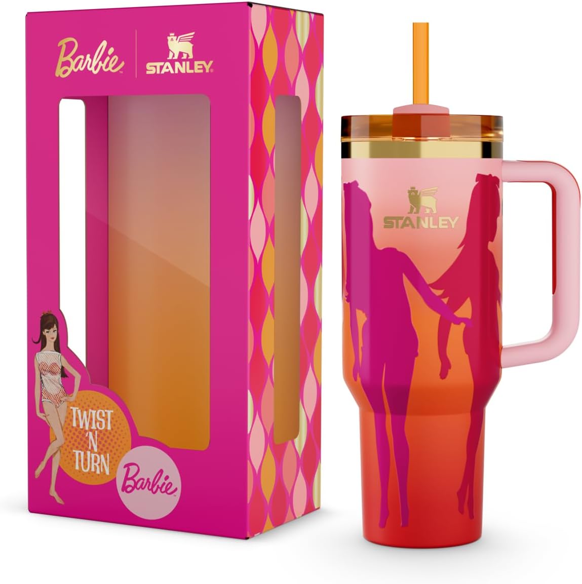 Front view of the Barbie Stanley tumbler 40oz featuring a soft sorbet gradient finish.