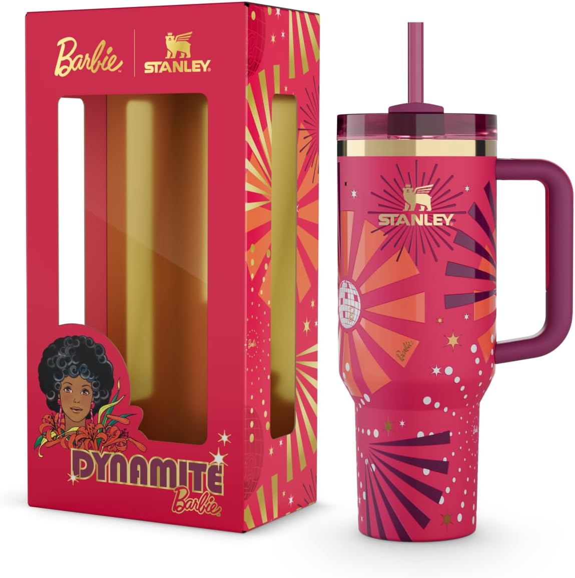 Front view of the 40 oz 80s Dynamite Stanley Barbie tumbler featuring iconic gold accents and rich red colors.