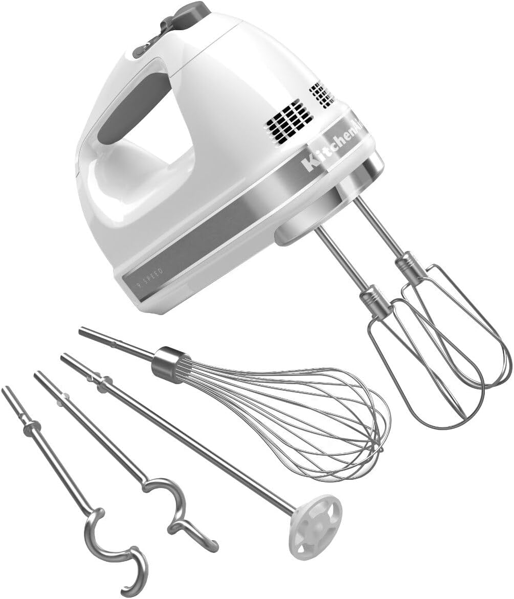 KitchenAid 9 speed hand mixer in white front view with all included accessories