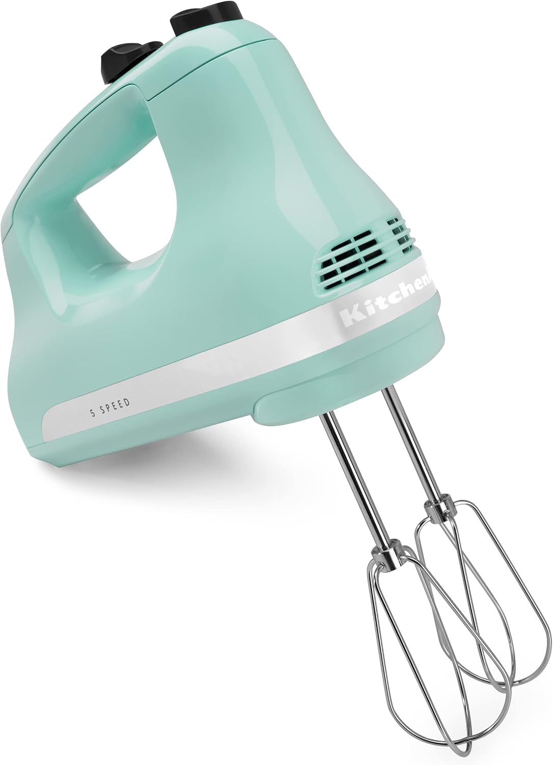KitchenAid 5 speed hand mixer in Ice Blue shown from the front with stainless steel beaters attached.