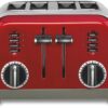 Front view of the metallic red Cuisinart 4-slice metal toaster on a kitchen countertop.