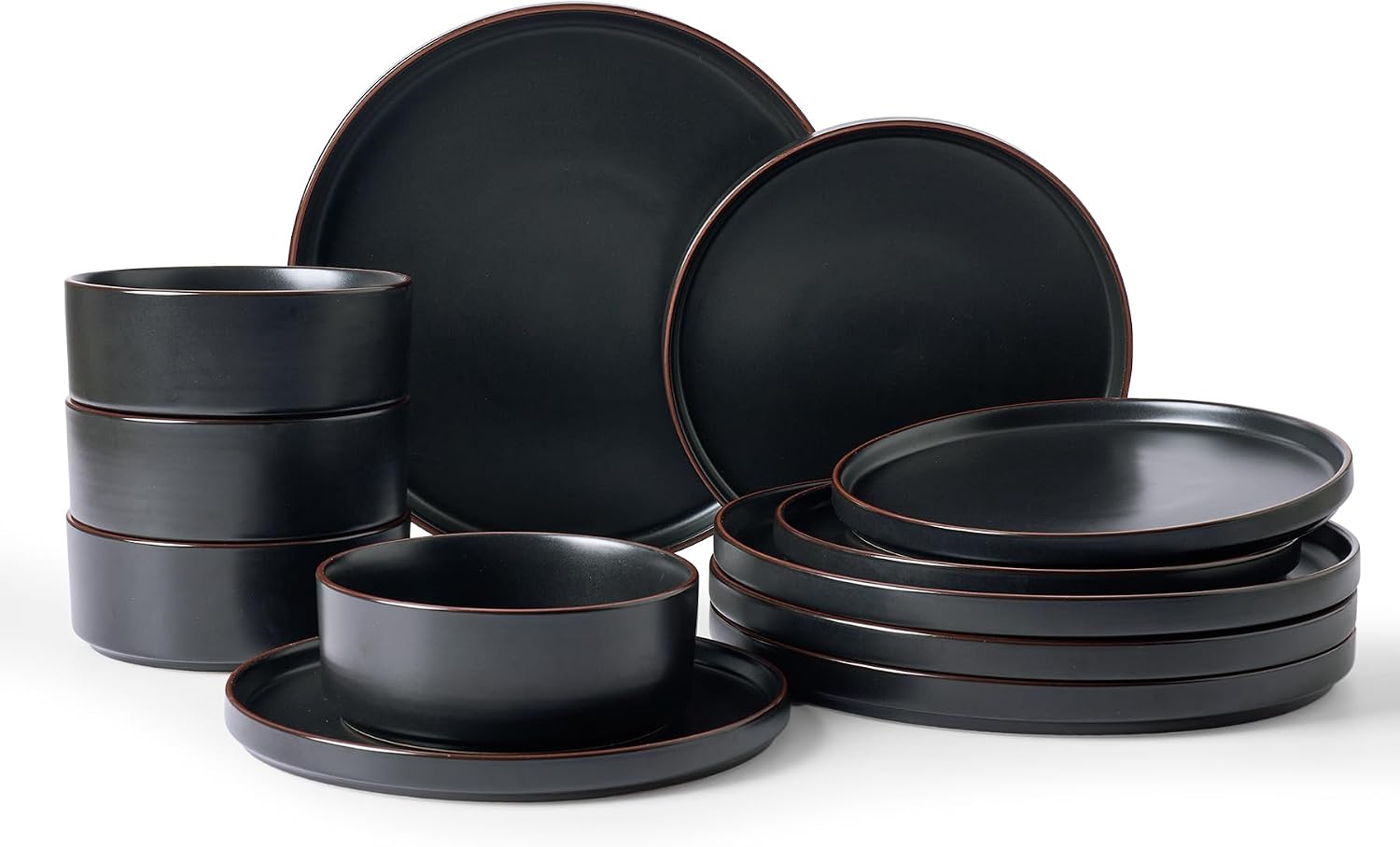 Famiware Nebula Ridge 12-piece matte black stoneware dinnerware set arranged for four guests.